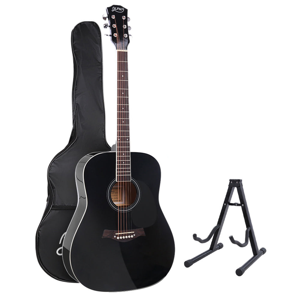 Guitars: Alpha 41 Inch Acoustic Guitar Wooden Body Steel String Dreadnought Stand Black