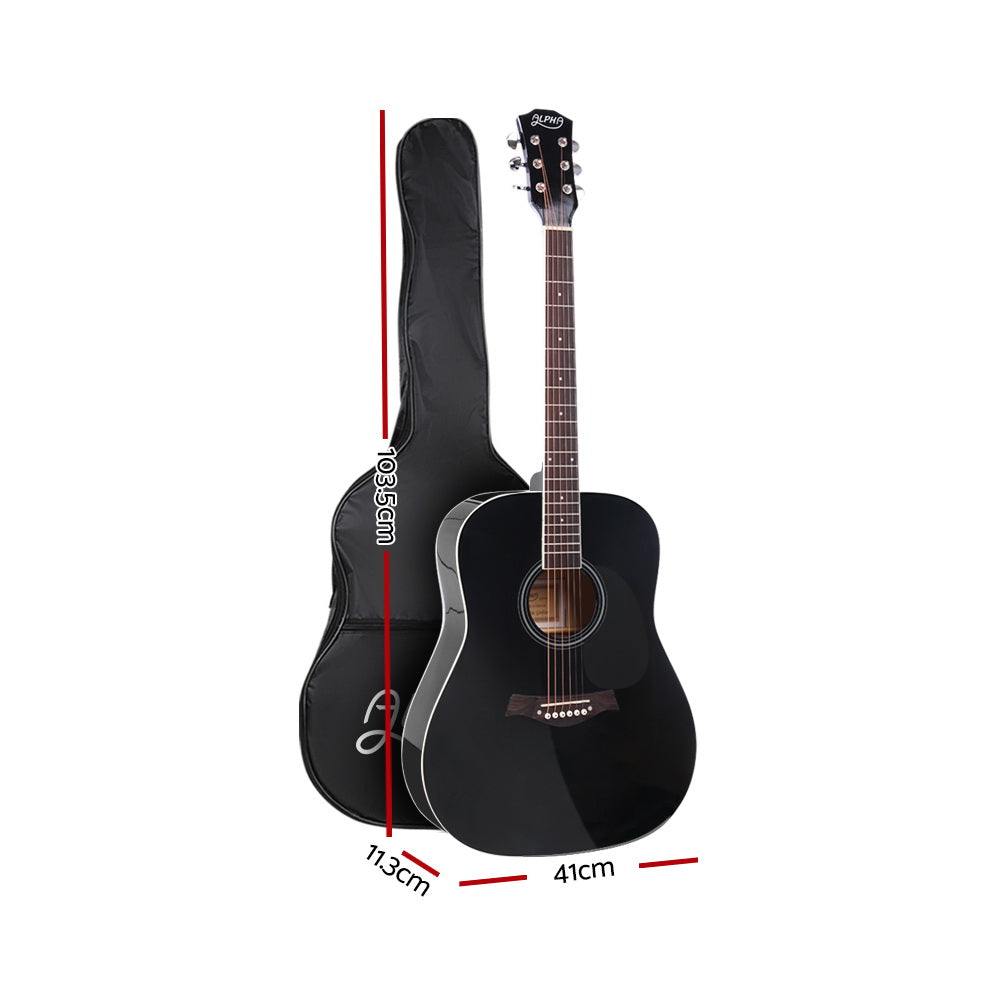 Guitars: Alpha 41 Inch Acoustic Guitar Wooden Body Steel String Dreadnought Stand Black