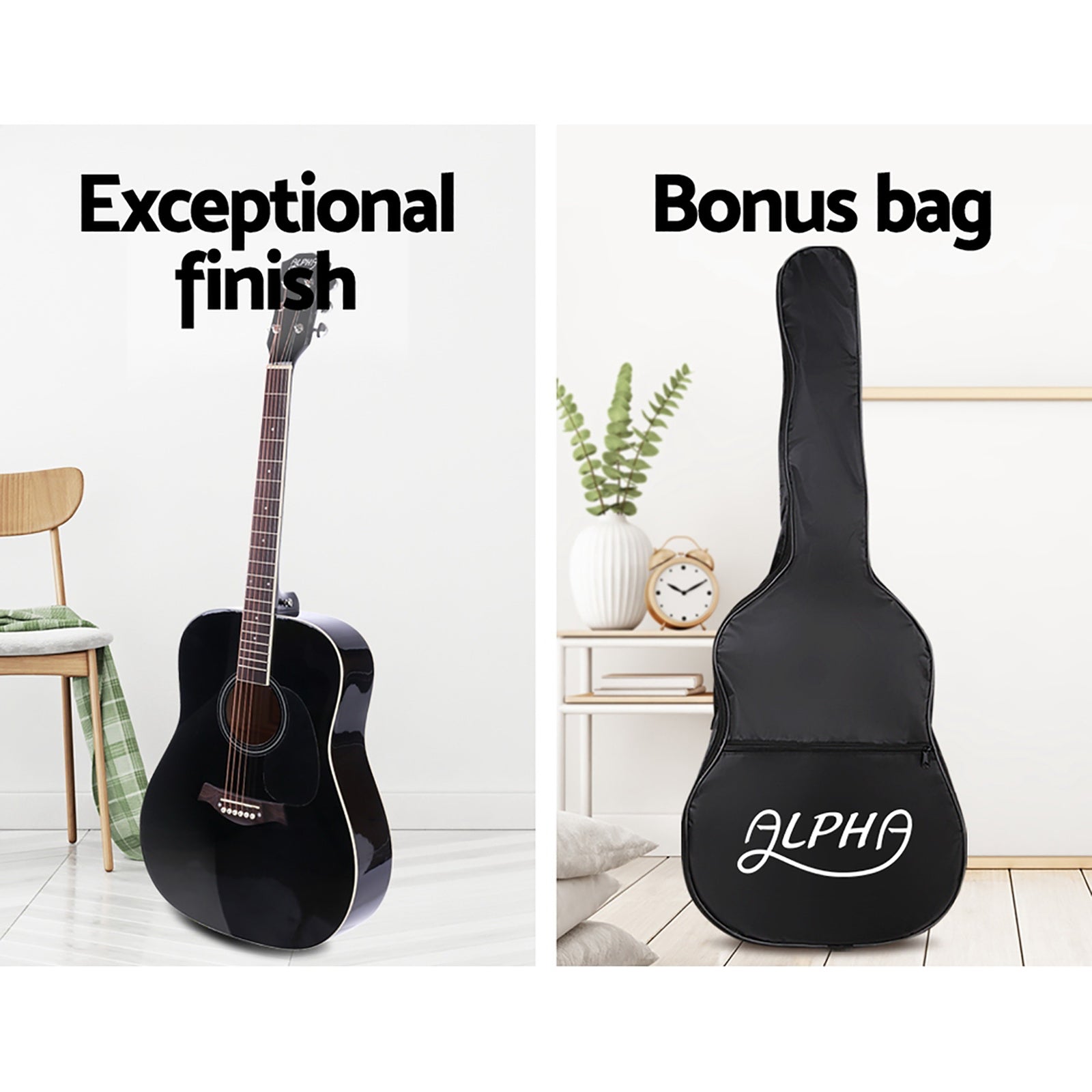 Guitars: Alpha 41 Inch Acoustic Guitar Wooden Body Steel String Dreadnought Stand Black