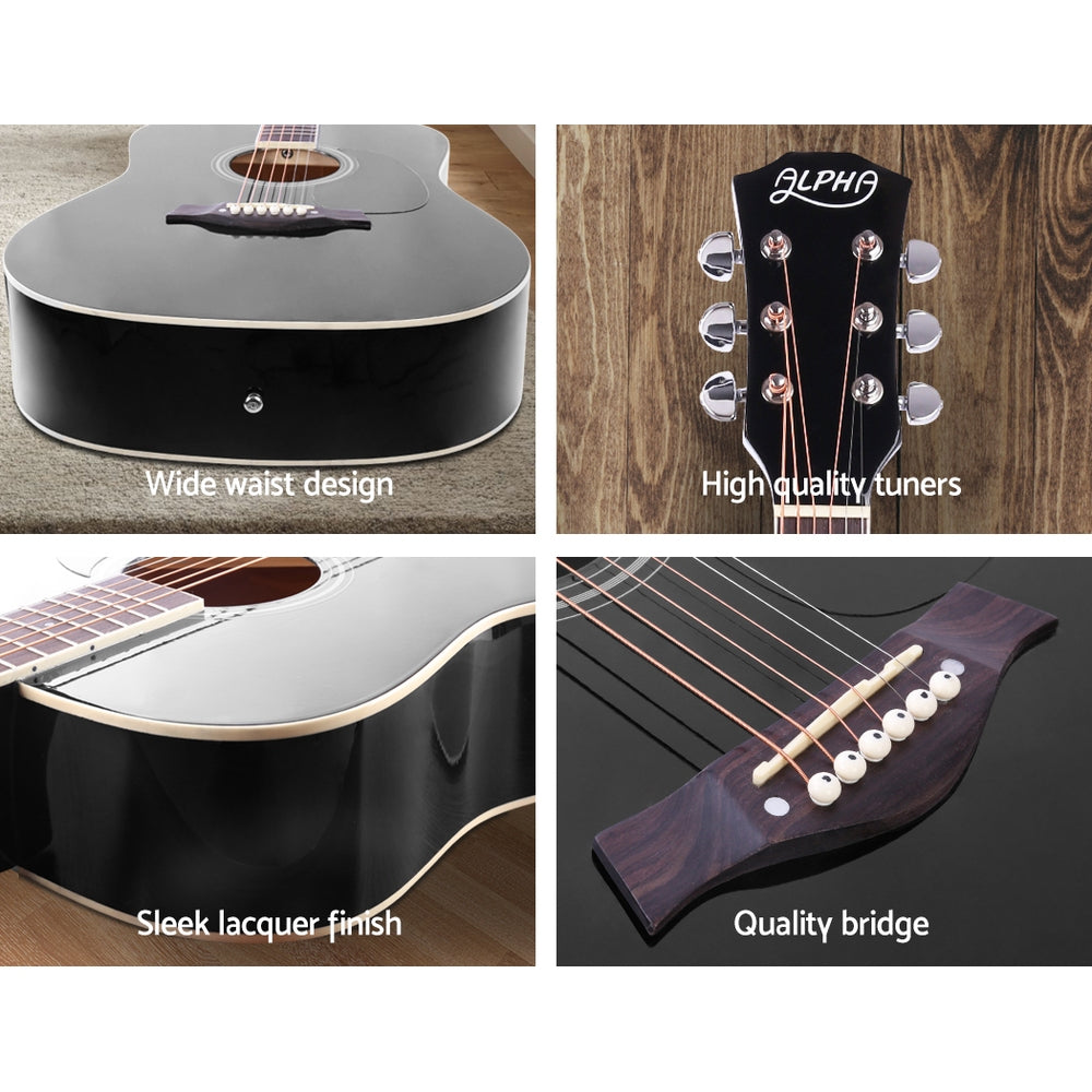 Guitars: Alpha 41 Inch Acoustic Guitar Wooden Body Steel String Dreadnought Stand Black