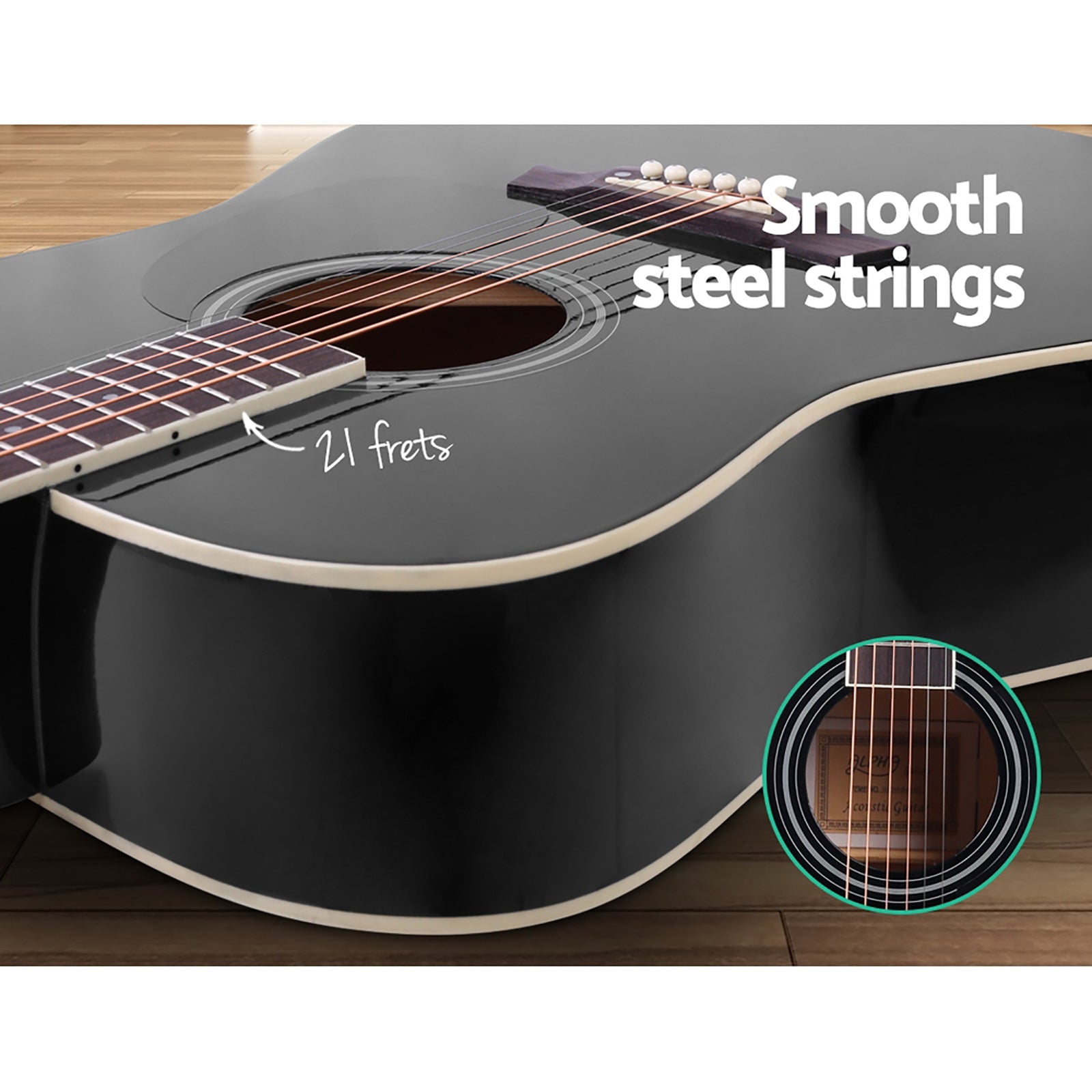 Guitars: Alpha 41 Inch Acoustic Guitar Wooden Body Steel String Dreadnought Stand Black