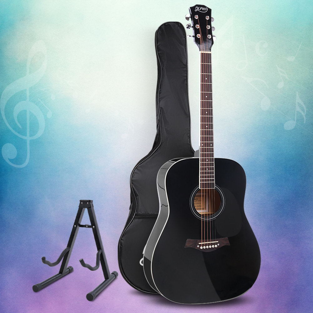 Guitars: Alpha 41 Inch Acoustic Guitar Wooden Body Steel String Dreadnought Stand Black
