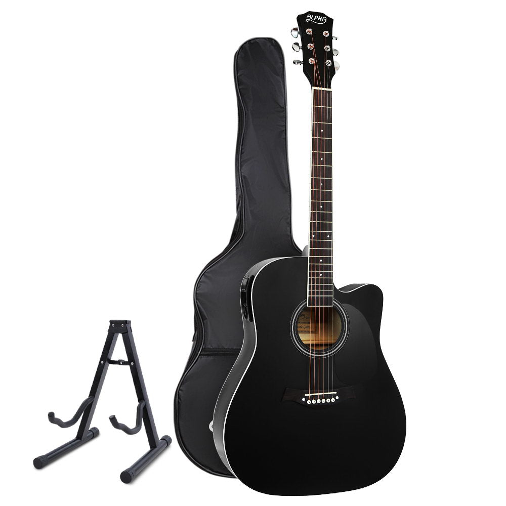 Guitars: Alpha 41 Inch Acoustic Guitar Equaliser Electric Output Cutaway w/ Stand Black