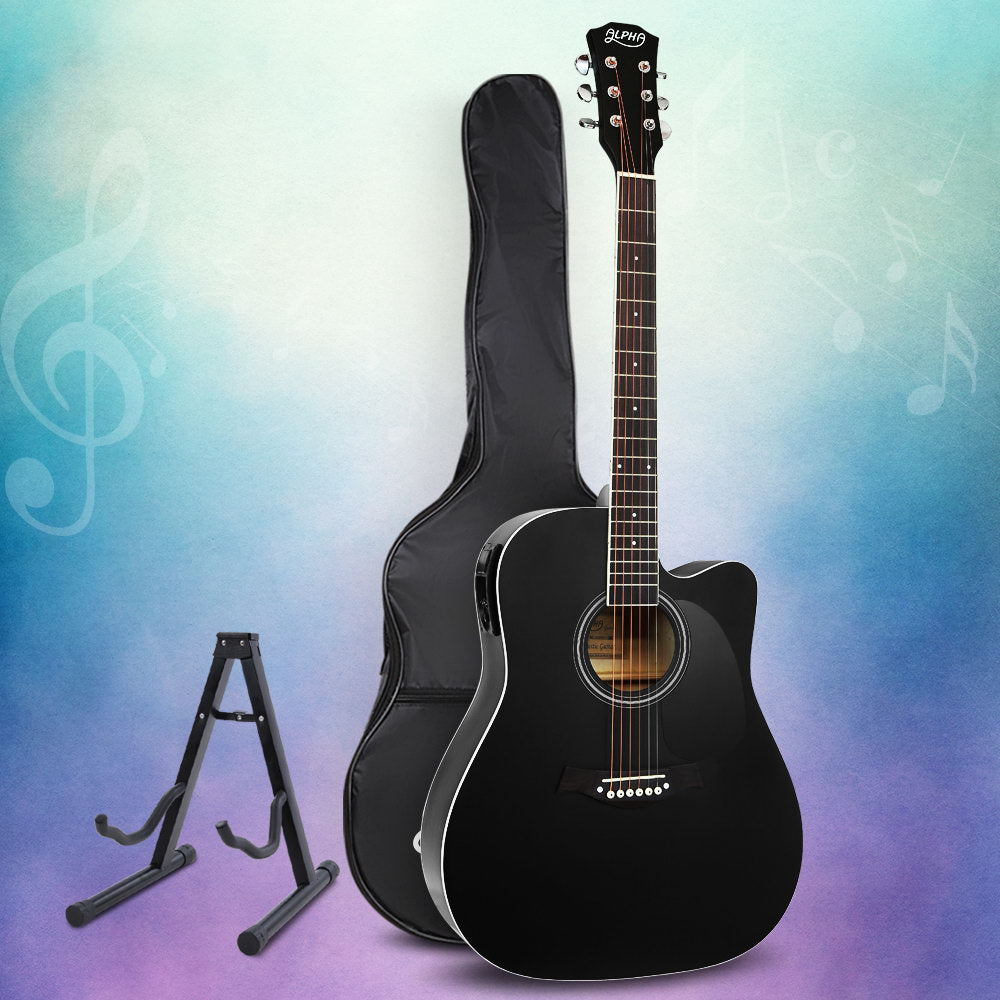 Guitars: Alpha 41 Inch Acoustic Guitar Equaliser Electric Output Cutaway w/ Stand Black
