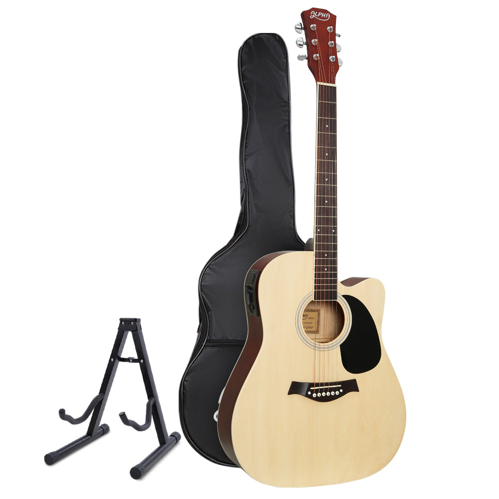 Guitars: Alpha 41 Inch Acoustic Guitar Equaliser Electric Output Cutaway w/ Stand Wood
