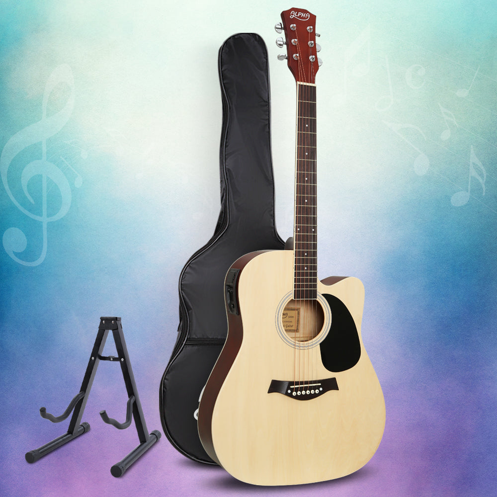 Guitars: Alpha 41 Inch Acoustic Guitar Equaliser Electric Output Cutaway w/ Stand Wood
