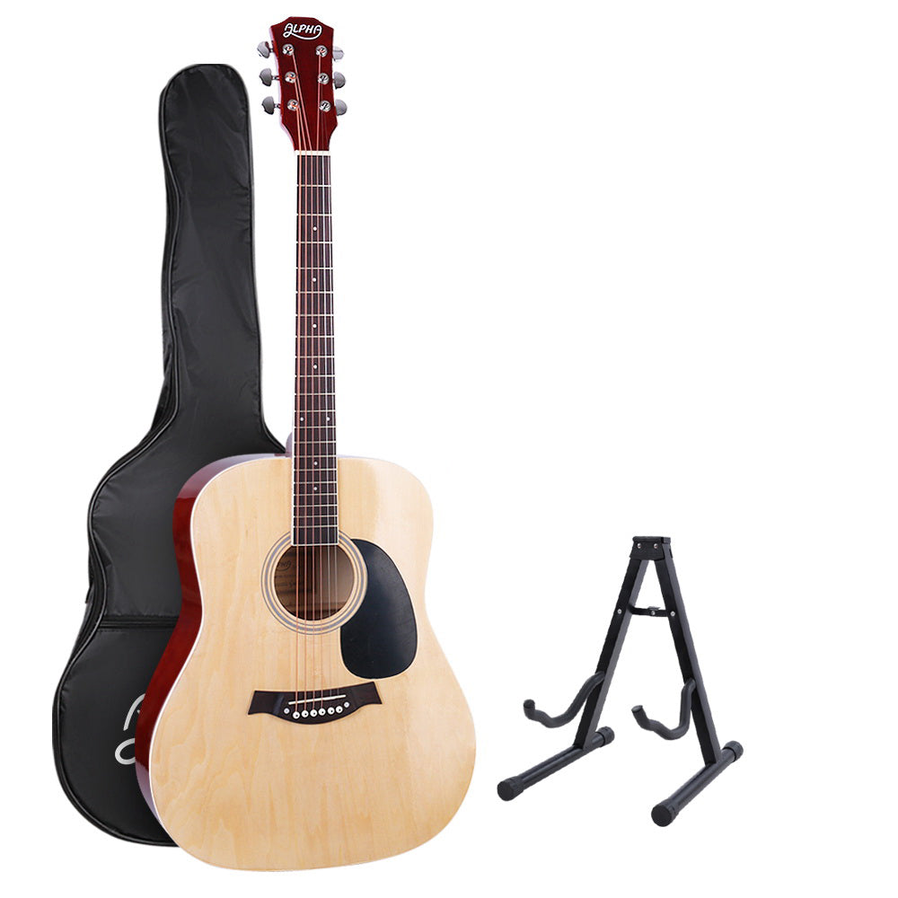 Guitars: Alpha 41 Inch Acoustic Guitar Wooden Body Steel String Dreadnought Stand Wood