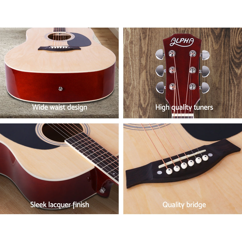 Guitars: Alpha 41 Inch Acoustic Guitar Wooden Body Steel String Dreadnought Stand Wood