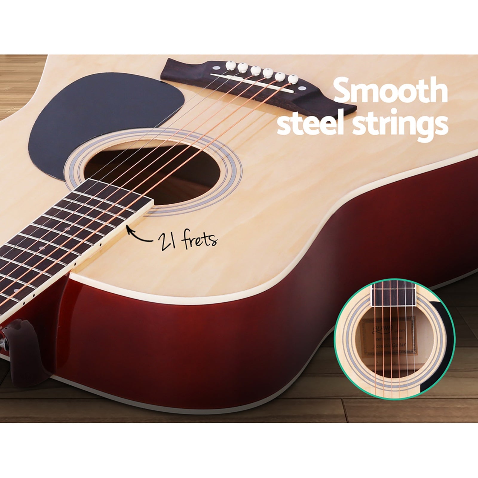 Guitars: Alpha 41 Inch Acoustic Guitar Wooden Body Steel String Dreadnought Stand Wood
