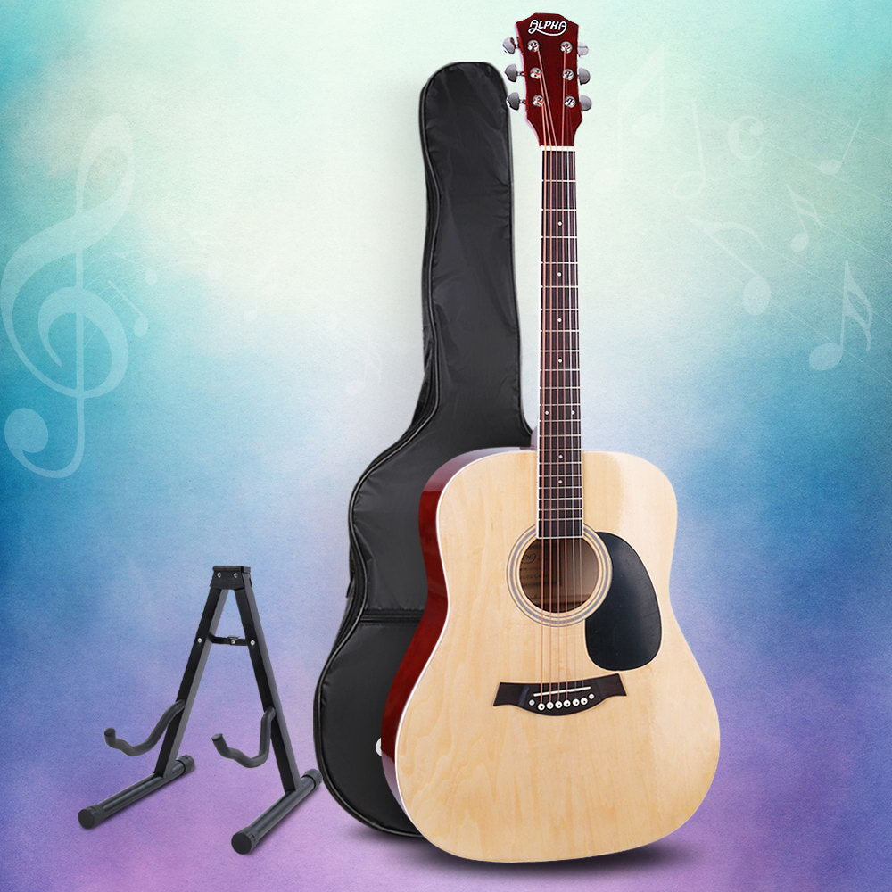 Guitars: Alpha 41 Inch Acoustic Guitar Wooden Body Steel String Dreadnought Stand Wood