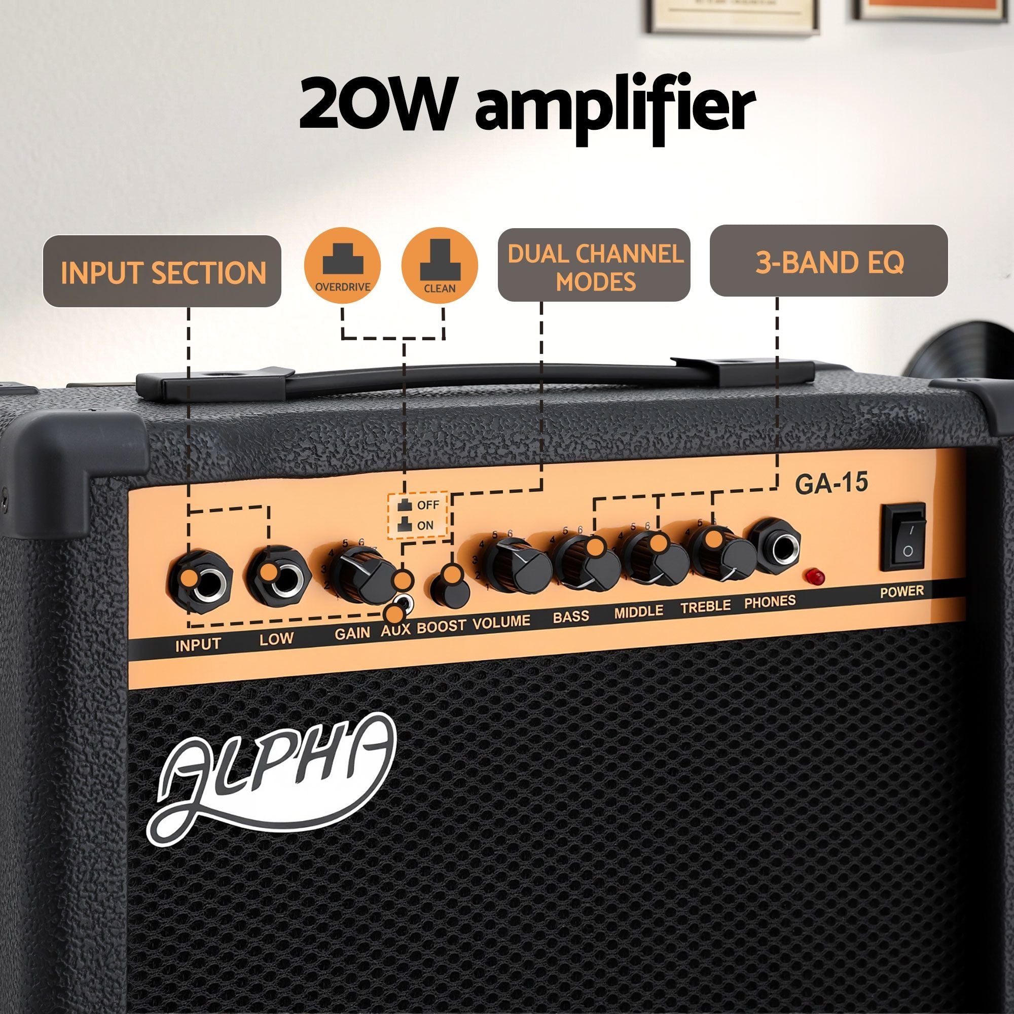 Alpha 20W Guitar Amplifier Portable Practice Amp Overdrive 3-Band EQ Black