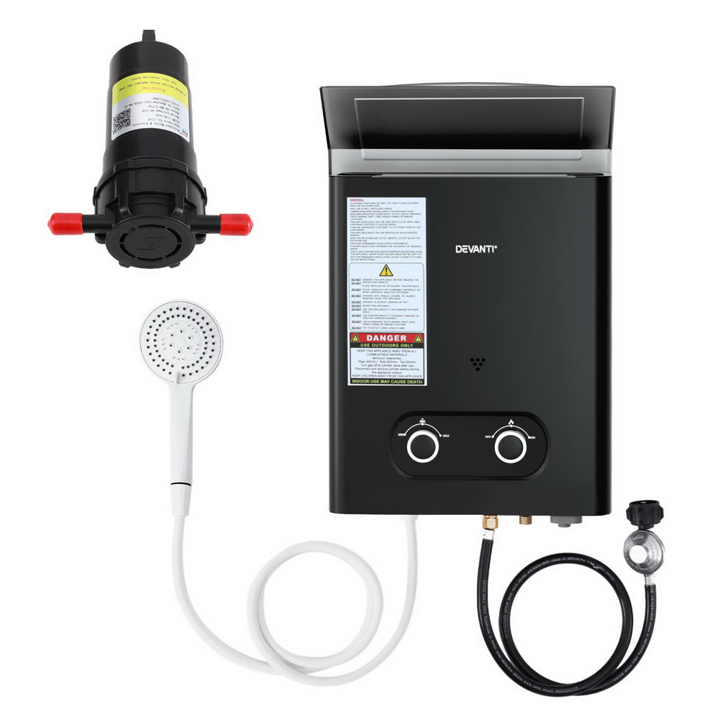 Devanti Portable Gas Water Heater LPG-powered System Black With Pump