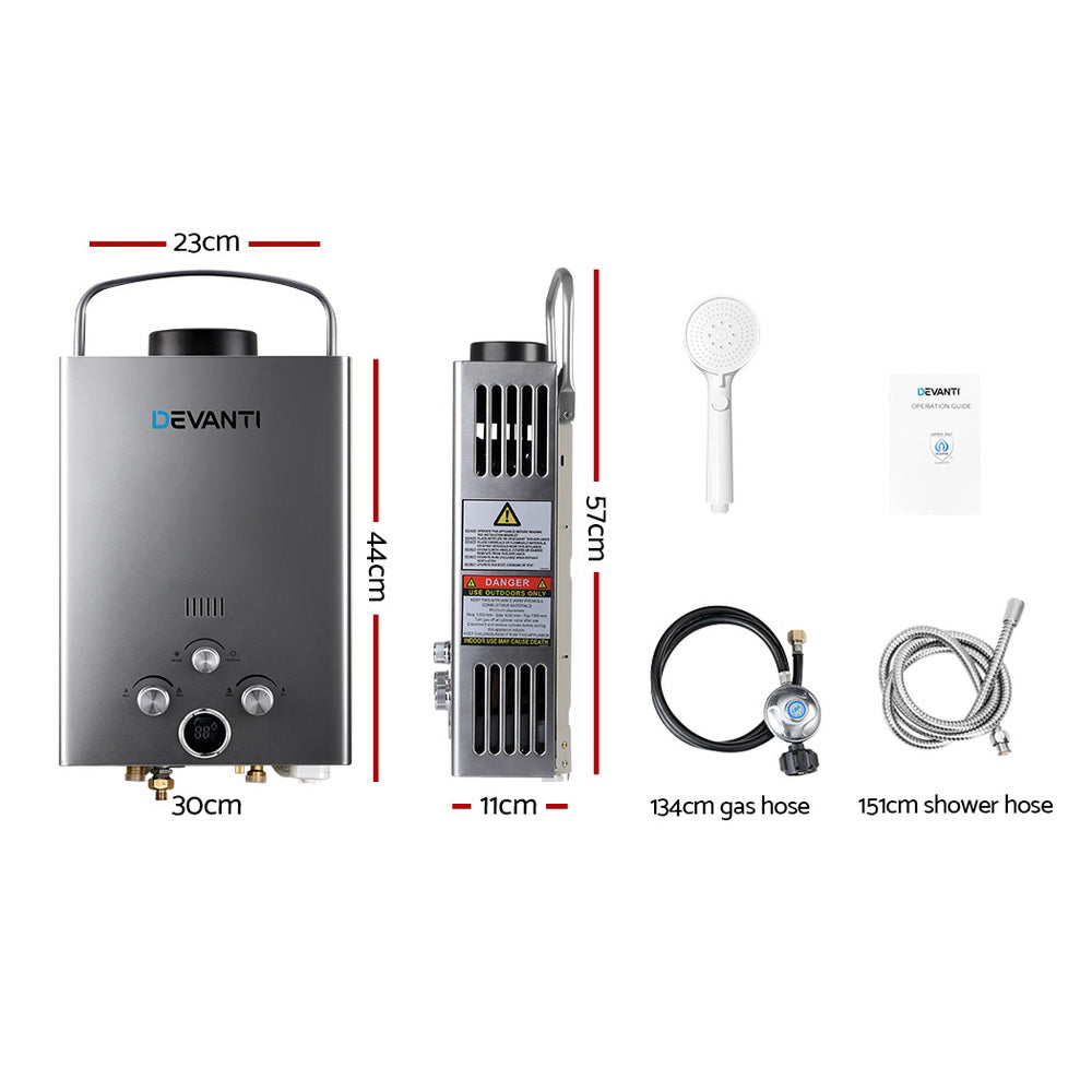 Camping Appliances: Devanti Portable Gas Water Heater LPG System Grey