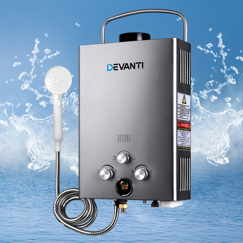 Camping Appliances: Devanti Portable Gas Water Heater LPG System Grey