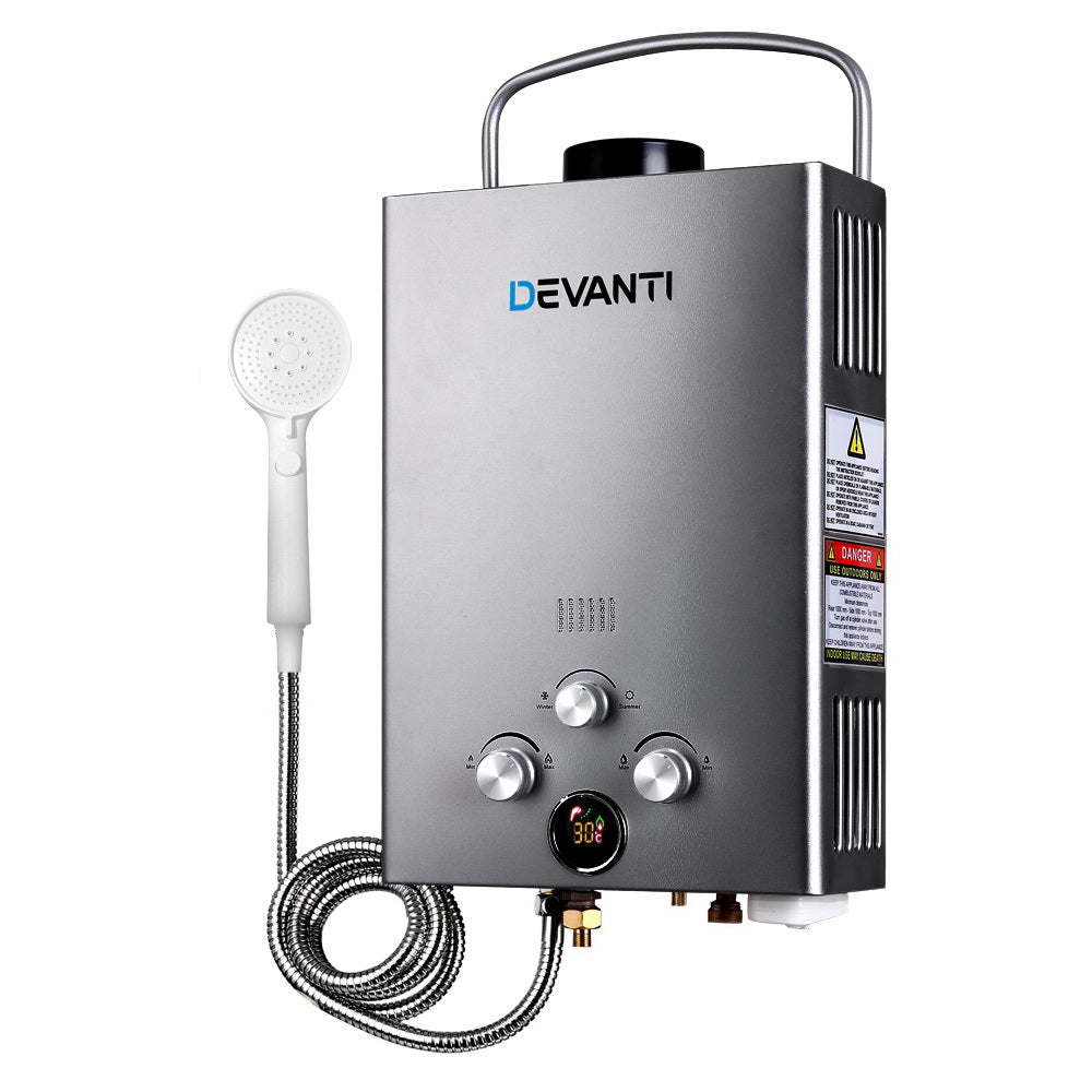 Camping Appliances: Devanti Portable Gas Water Heater 8L/Min With Pump LPG System Grey