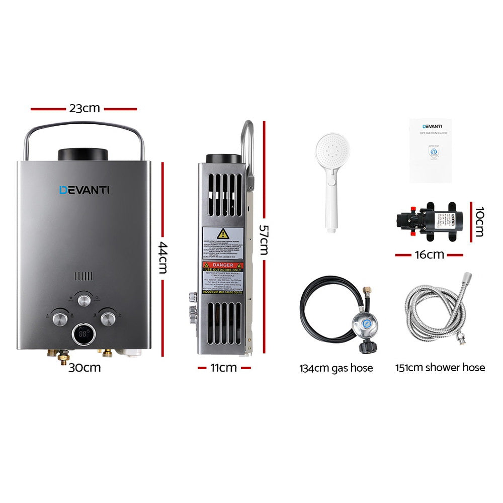 Camping Appliances: Devanti Portable Gas Water Heater 8L/Min With Pump LPG System Grey