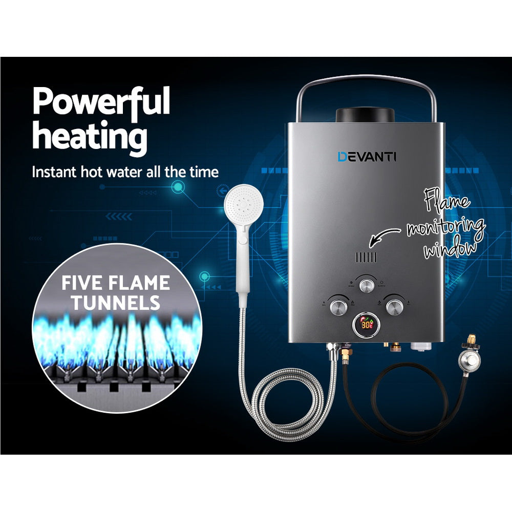 Camping Appliances: Devanti Portable Gas Water Heater 8L/Min With Pump LPG System Grey