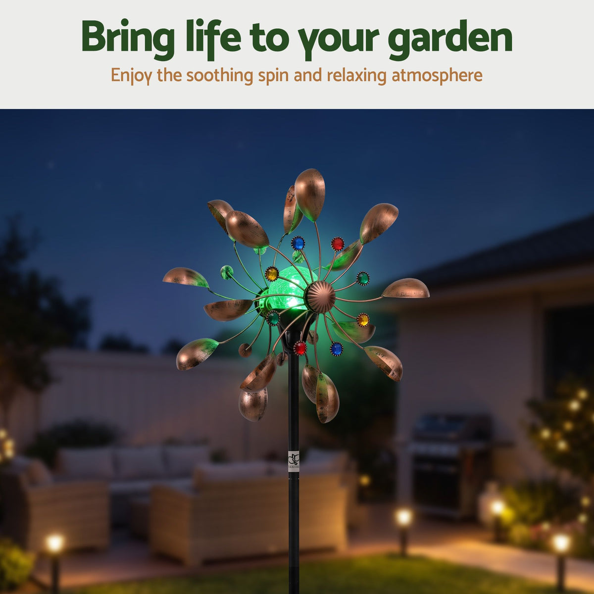 Gardeon Garden Windmill Metal Wind Spinner Solar Light Outdoor 190cmr Bronze