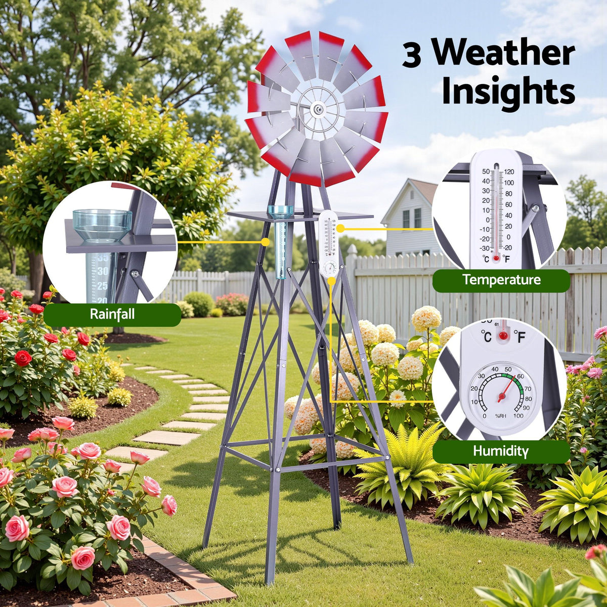 Gardeon Garden Windmill Metal Weather Station with Rain Gauge 182cm Silver