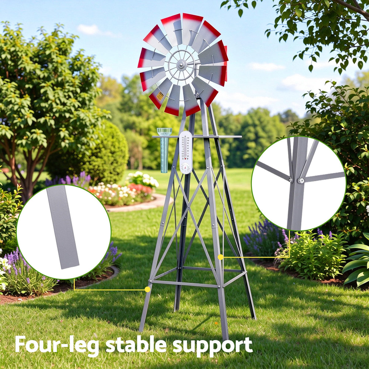 Gardeon Garden Windmill Metal Weather Station with Rain Gauge 182cm Silver