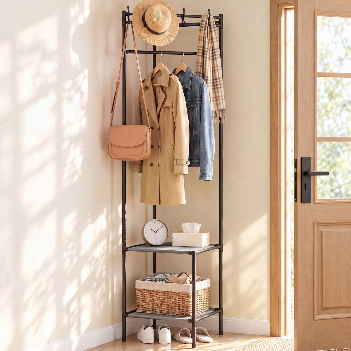 Artiss Coat Rack 181cm Freestanding Corner Hall Tree Garment Organiser Storage Shelf 8 Hooks Black