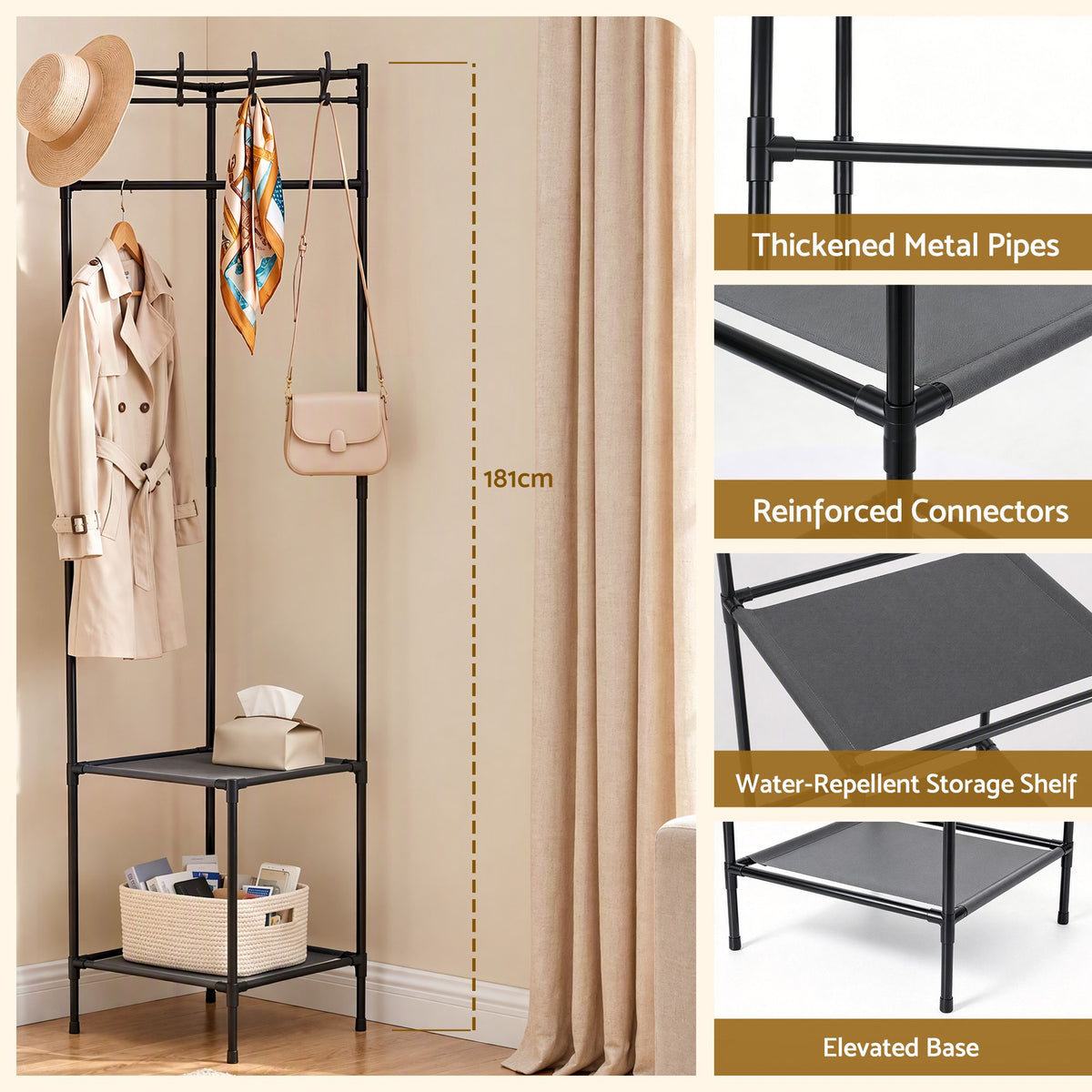 Artiss Coat Rack 181cm Freestanding Corner Hall Tree Garment Organiser Storage Shelf 8 Hooks Black