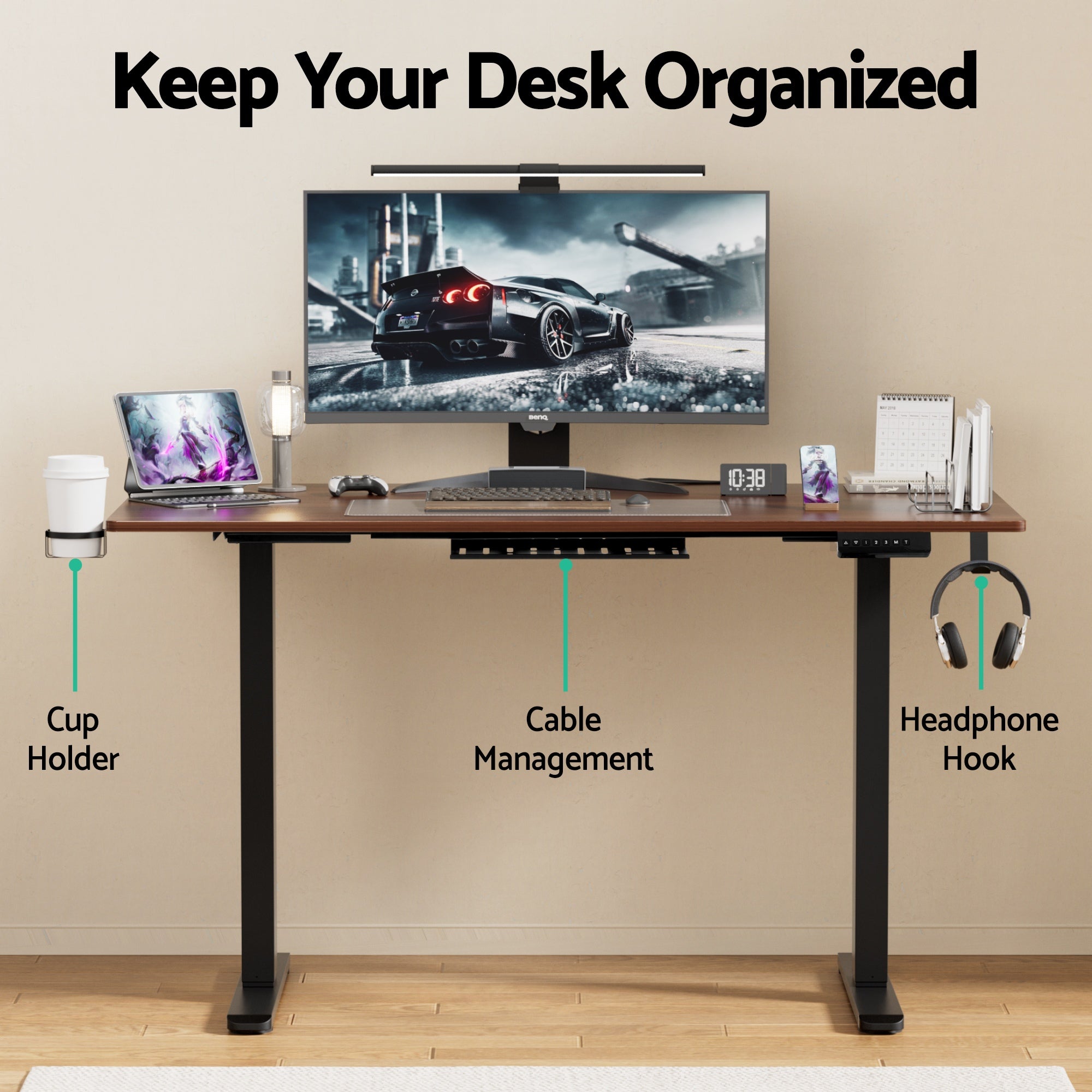 Desks: Artiss Standing Desk Motorised Dual Motor Electric Walnut 140CM