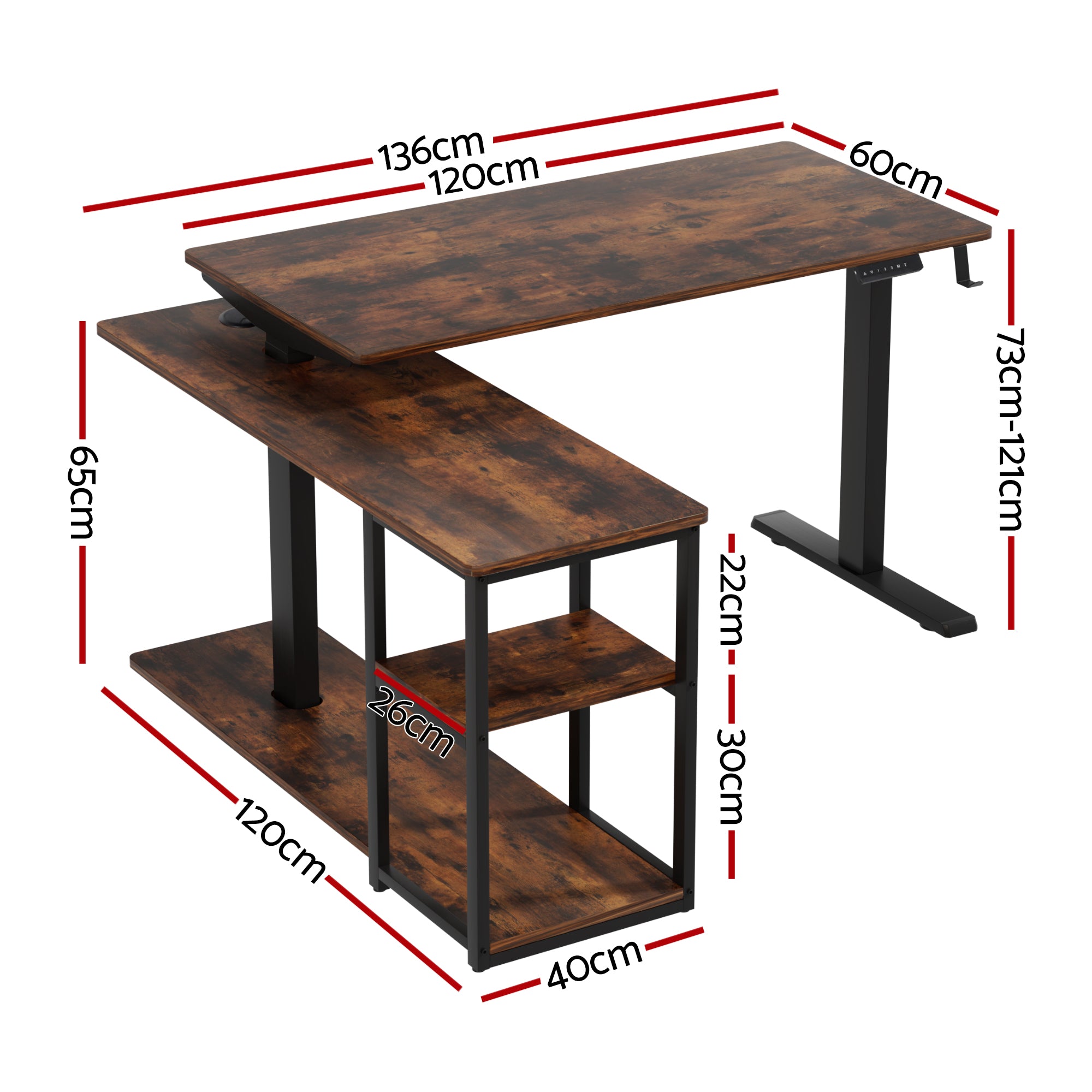 Desks: Artiss Electric Standing Desk Adjustable Motorised 120CM L Shaped Rustic Brown