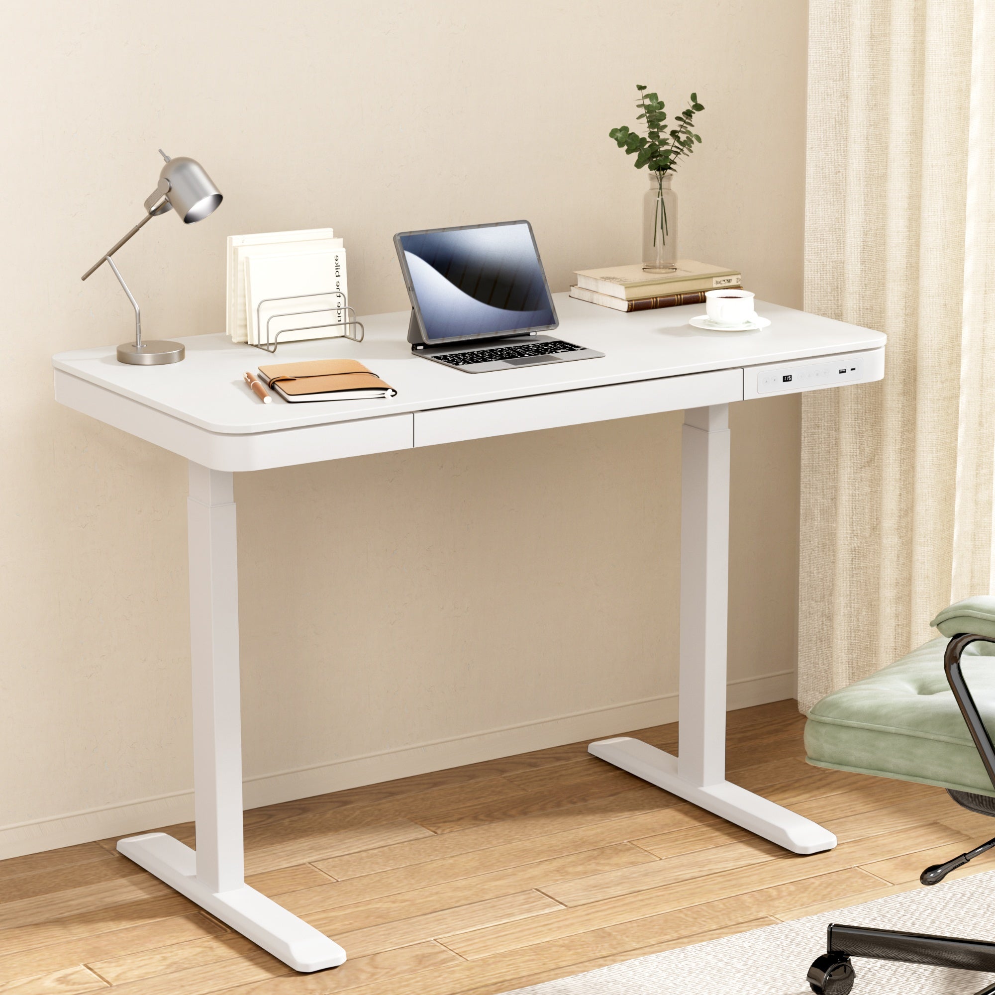 Desks: Artiss Standing Desk Motorised Electric Desks Drawer 120CM White