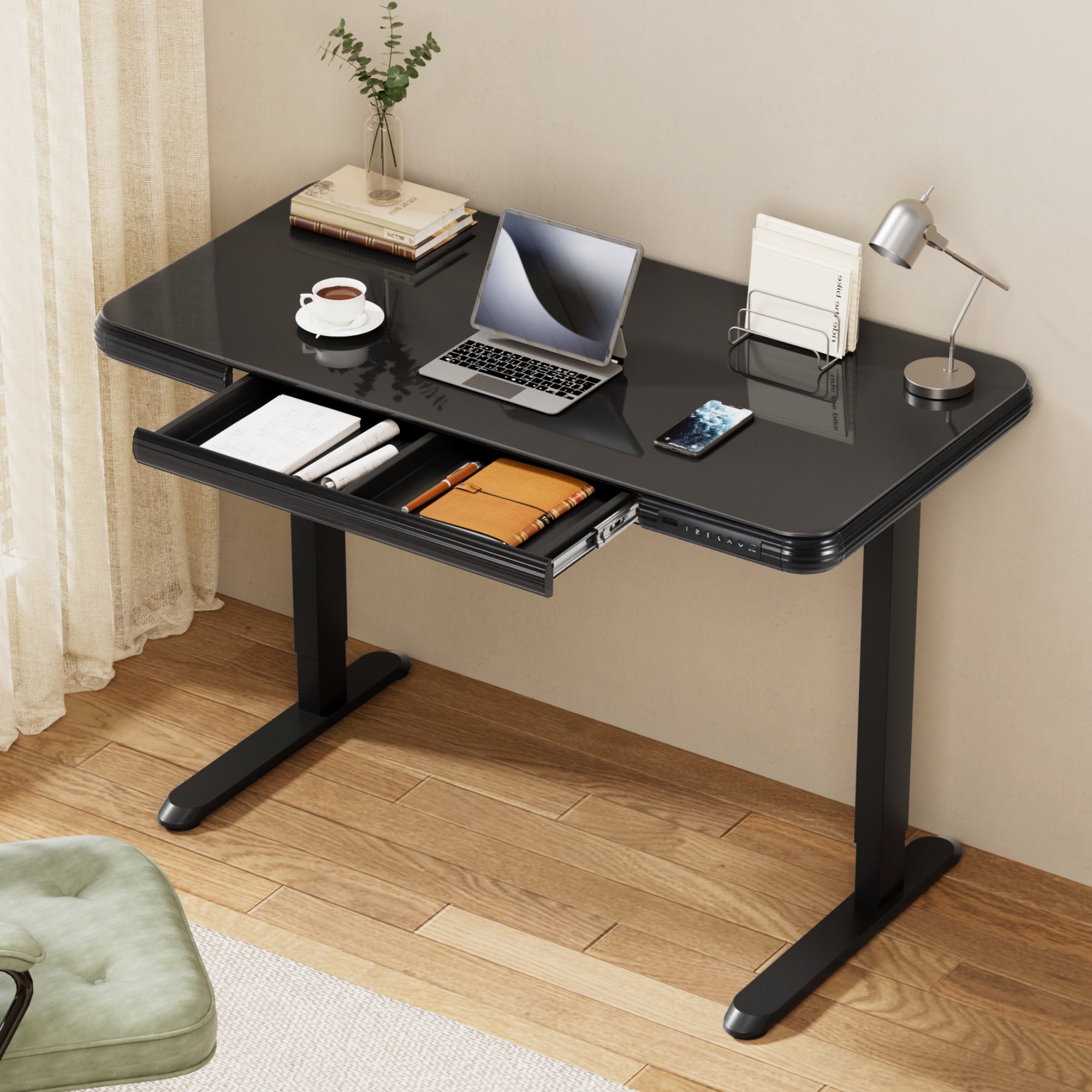 Desks: Artiss Electric Standing Desk Motorised Glass Top Black 120CM