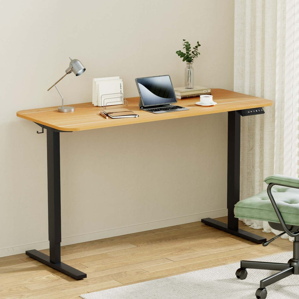 Desks: Artiss Electric Standing Desk 140cm Adjustable Height Motorised Home Office Desk Oak Black