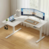 Desks: Artiss L-Shape Standing Desk Sit Stand Up Height Adjustable Electric Motorised White
