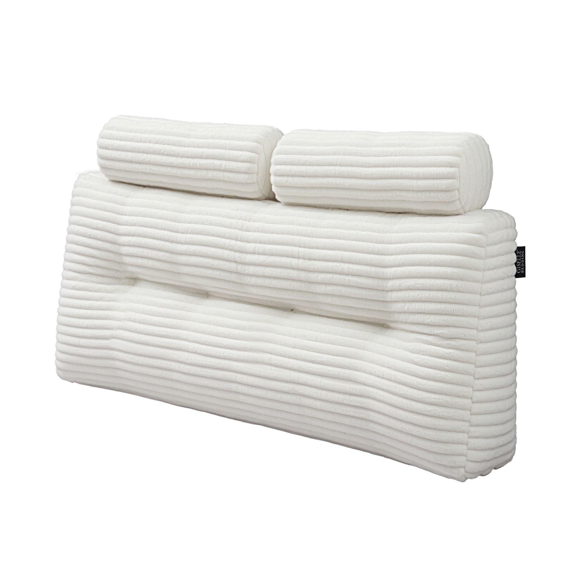 Giselle wedge pillow headboard with non-flattening shredded foam core, perfect for dorm reading or sofa lap desk, 330g corduroy cover, side pockets, Double