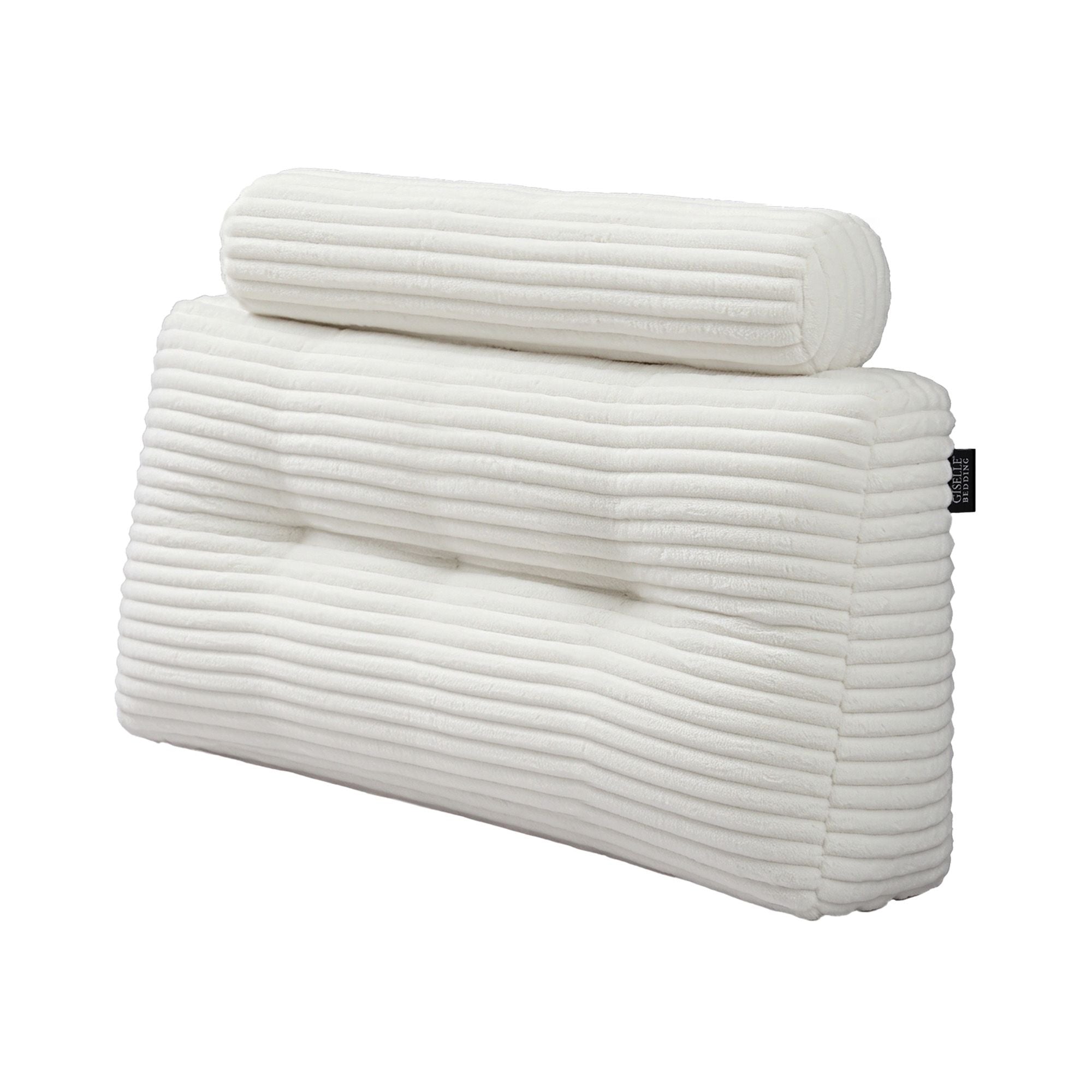 Giselle wedge pillow headboard with non-flattening shredded foam core, perfect for dorm reading or sofa lap desk, 330g corduroy cover, side pockets, King Single