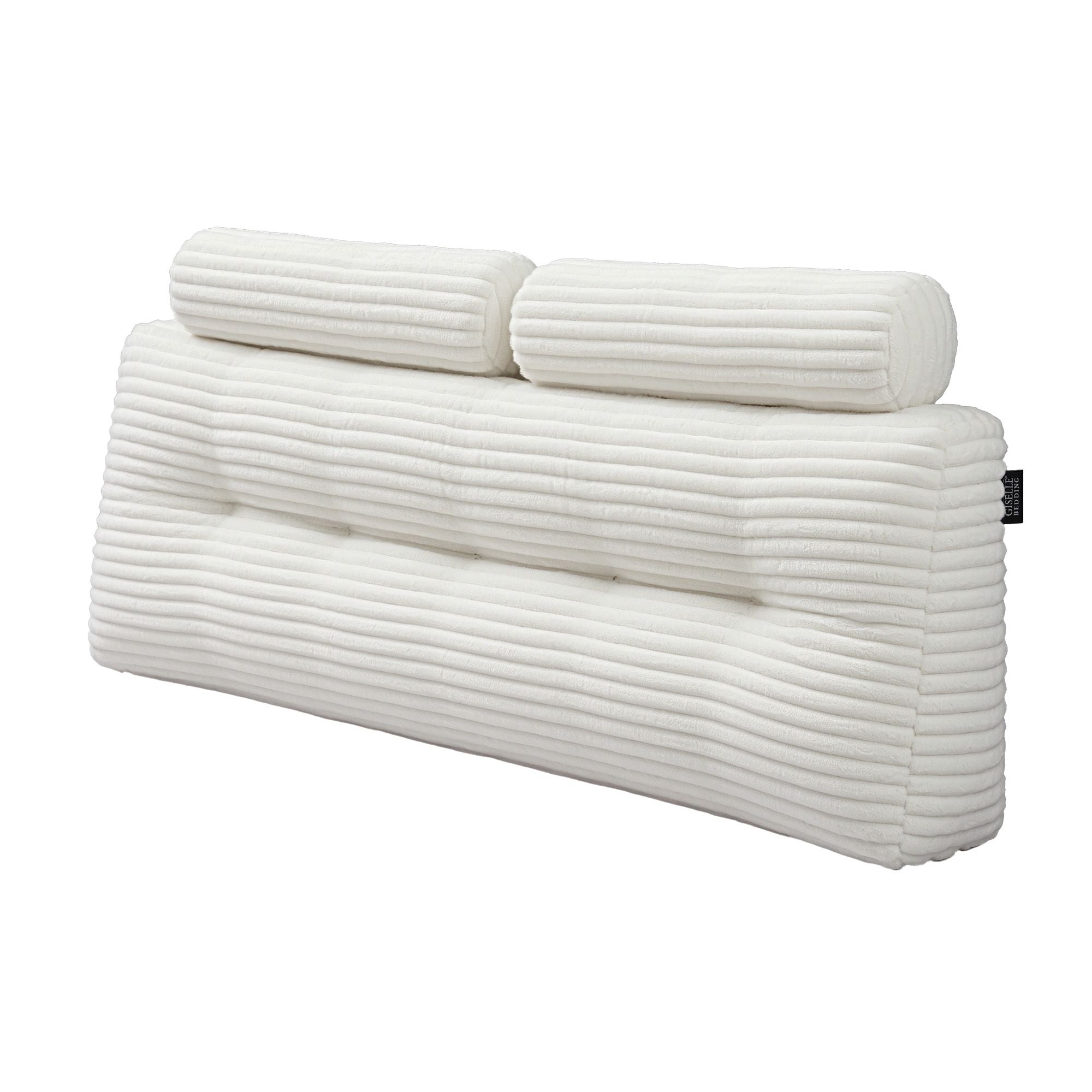 Giselle wedge pillow headboard with non-flattening shredded foam core, perfect for dorm reading or sofa lap desk, 330g corduroy cover, side pockets, Queen