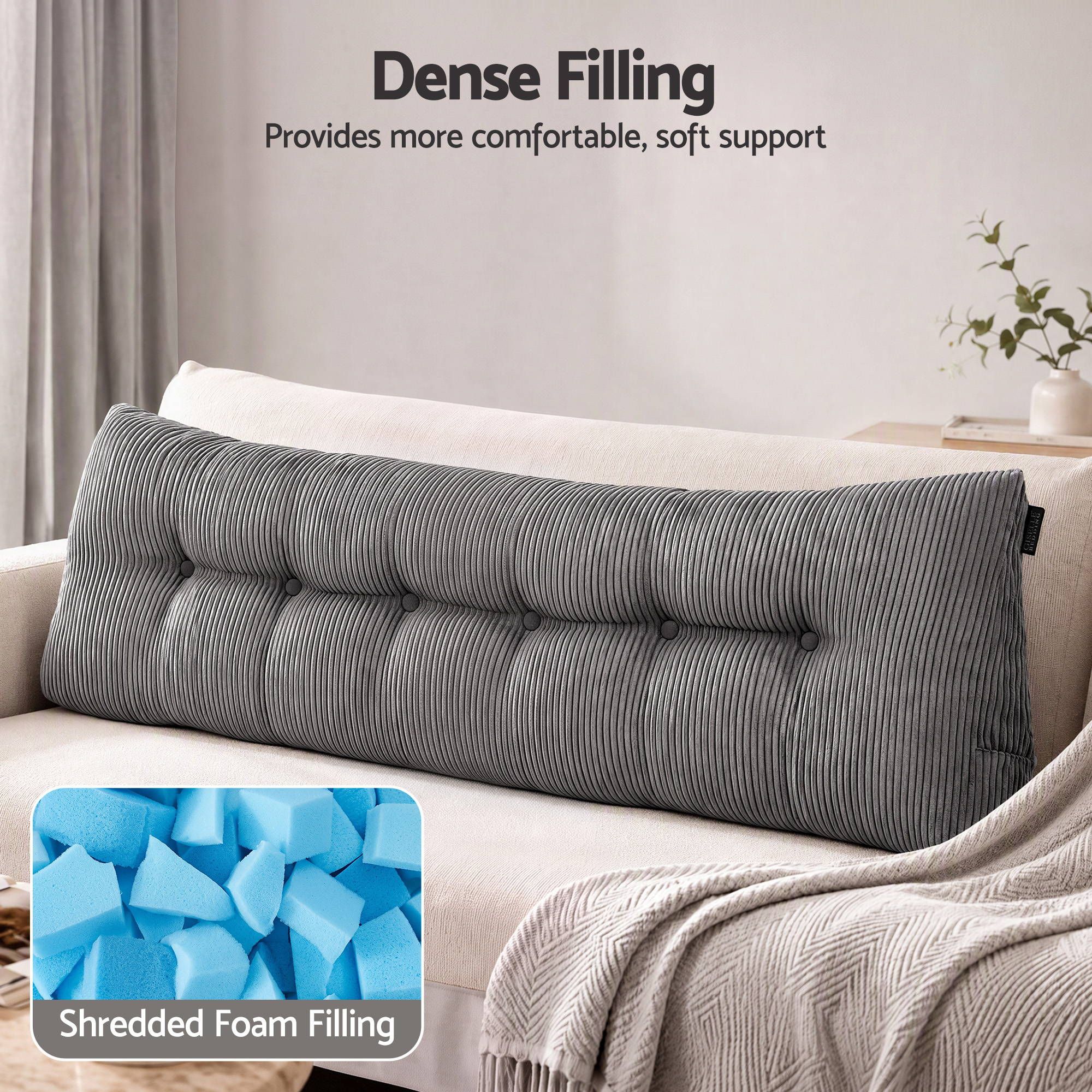 Giselle Headboard Pillow for Sitting in Bed, Upgraded Shredded Foam Reading Wedge Cushion for Lumbar Support, 320g Corduroy Backrest with Side Pockets for Dorm Daybed, King