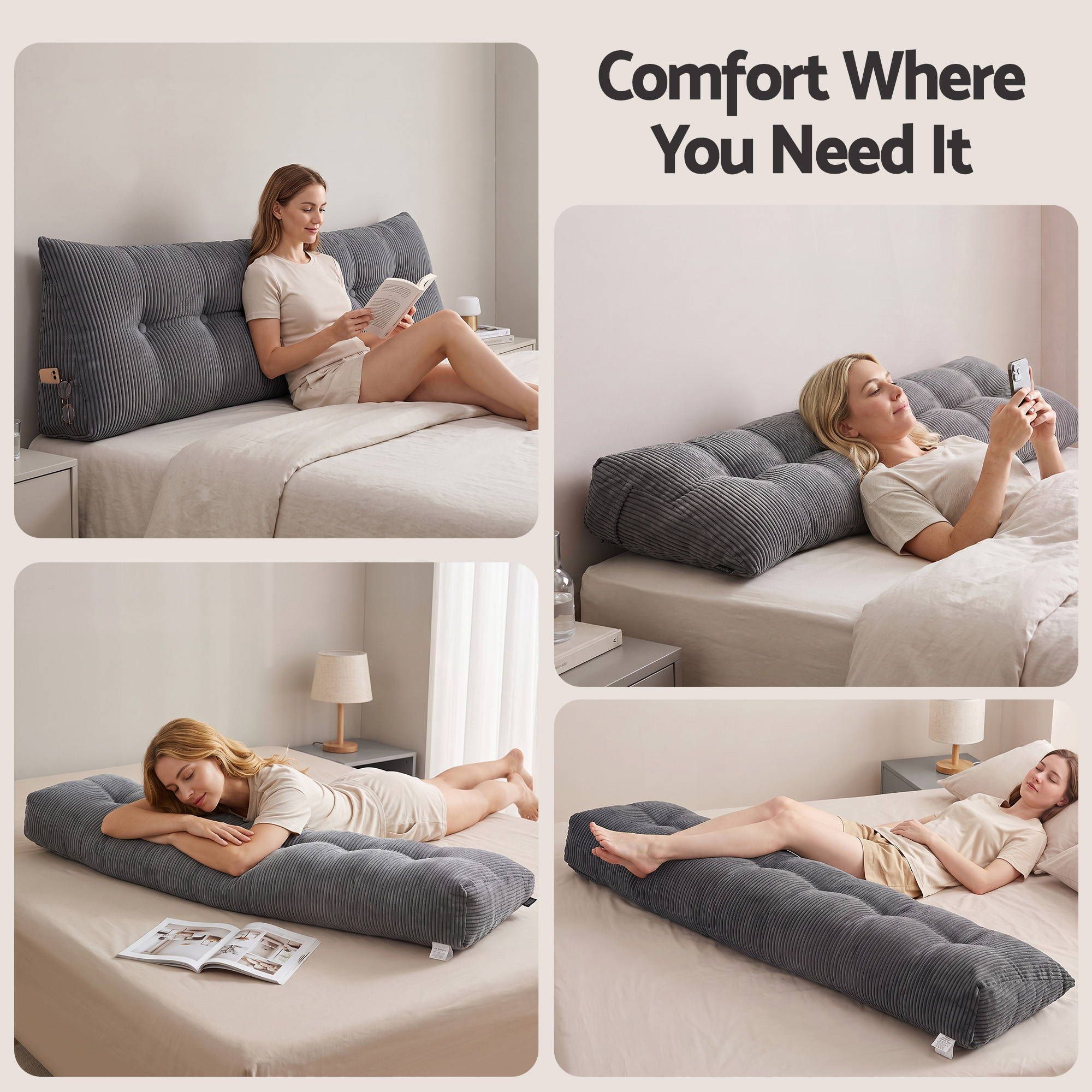 Giselle Headboard Pillow for Sitting in Bed, Upgraded Shredded Foam Reading Wedge Cushion for Lumbar Support, 320g Corduroy Backrest with Side Pockets for Dorm Daybed, King