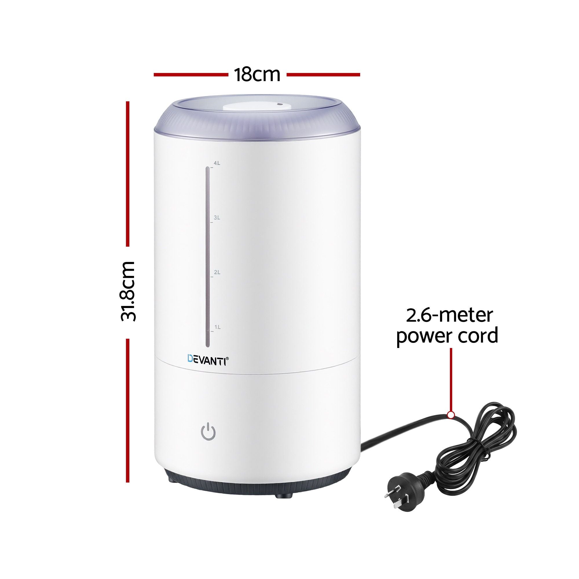 Devanti Ultrasonic Humidifier Aroma Diffuser Top Fill Quiet Bedroom 4L White