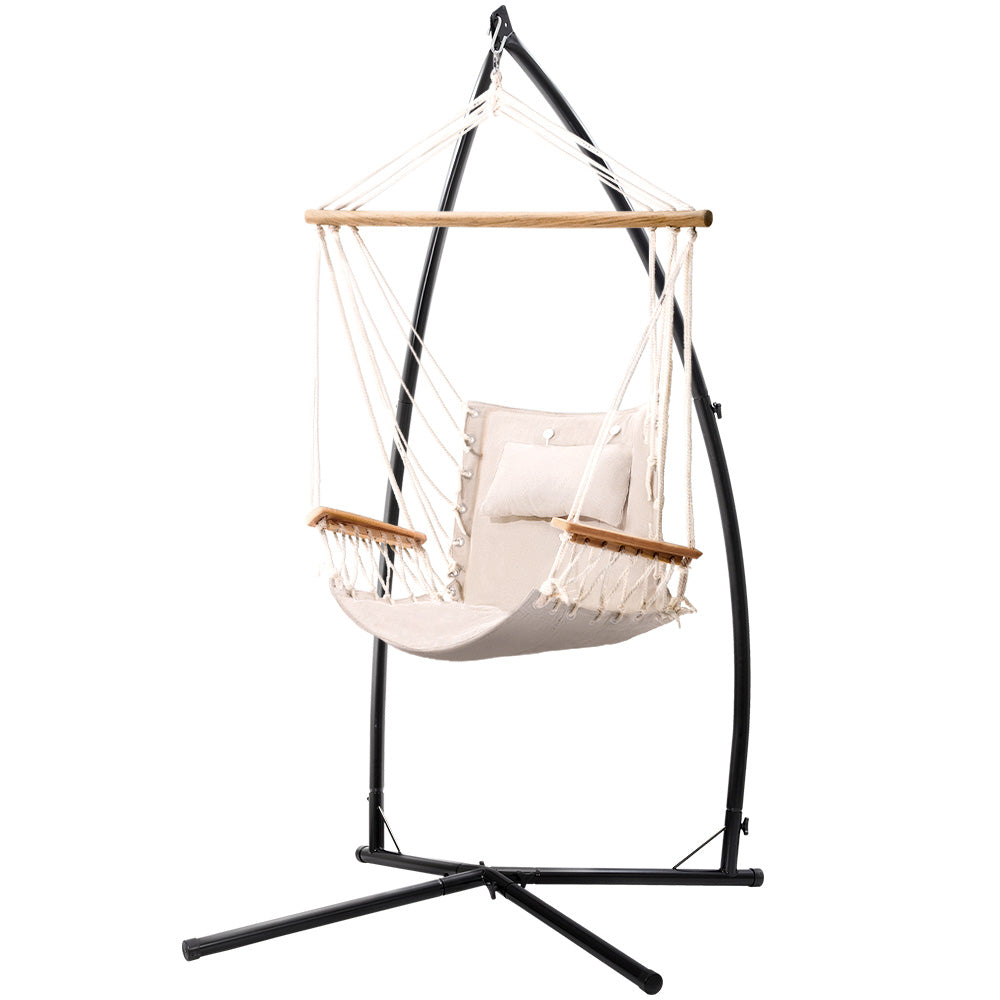 Outdoor Chairs: Gardeon Hammock Chair with Steel Stand Armrest Outdoor Hanging Cream