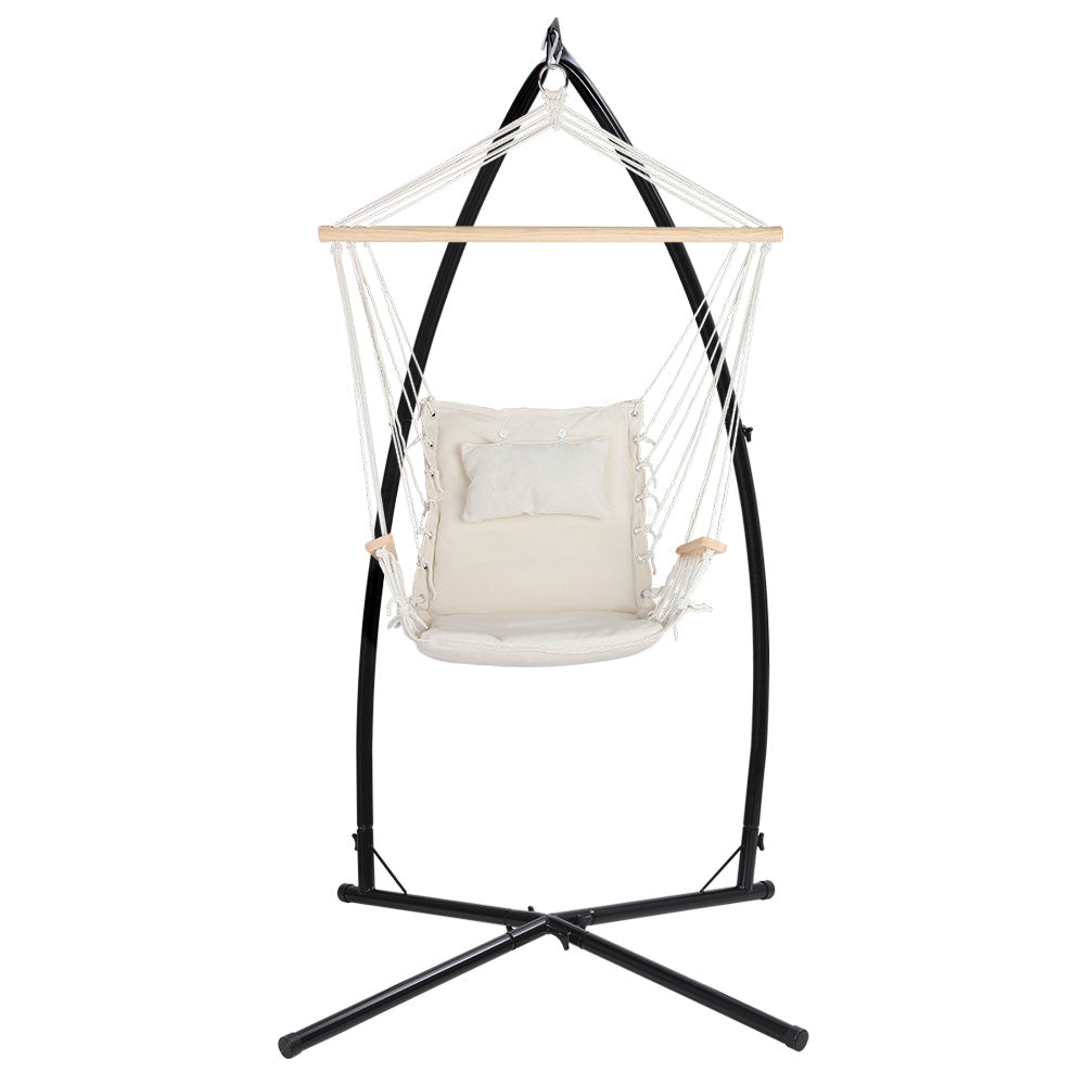 Outdoor Chairs: Gardeon Hammock Chair with Steel Stand Armrest Outdoor Hanging Cream