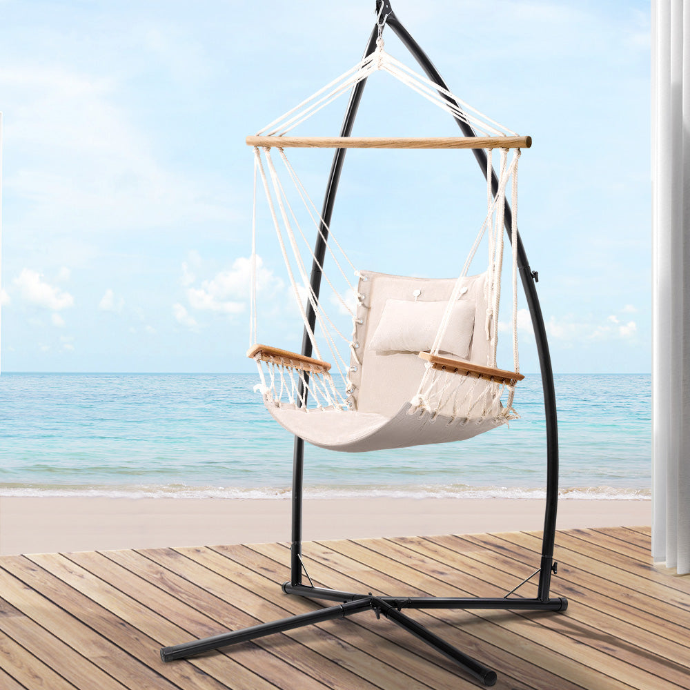 Outdoor Chairs: Gardeon Hammock Chair with Steel Stand Armrest Outdoor Hanging Cream