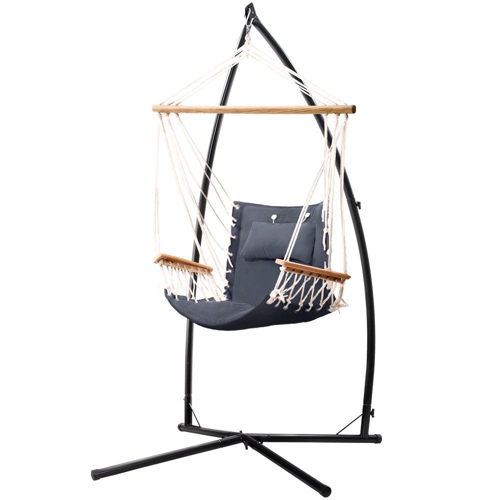 Outdoor Chairs: Gardeon Hammock Chair with Steel Stand Armrest Outdoor Hanging Grey