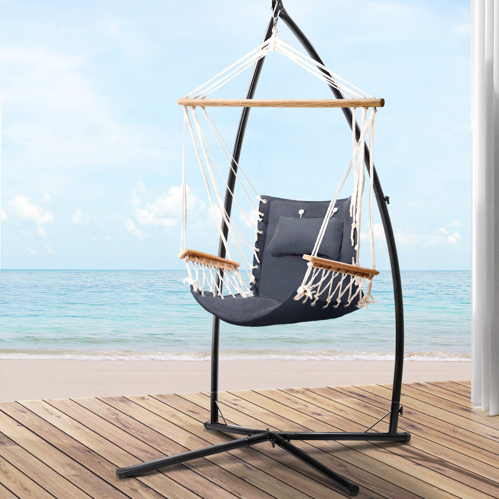 Outdoor Chairs: Gardeon Hammock Chair with Steel Stand Armrest Outdoor Hanging Grey