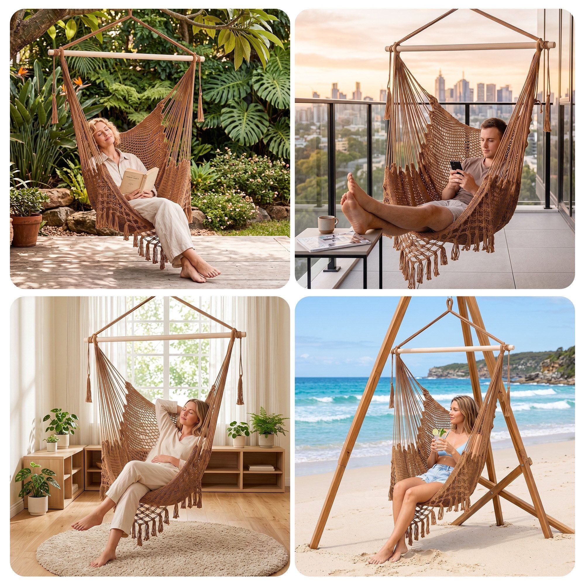 Gardeon Hammock Chair Camping Hanging Chair with Spreader Bar Tassels Brown