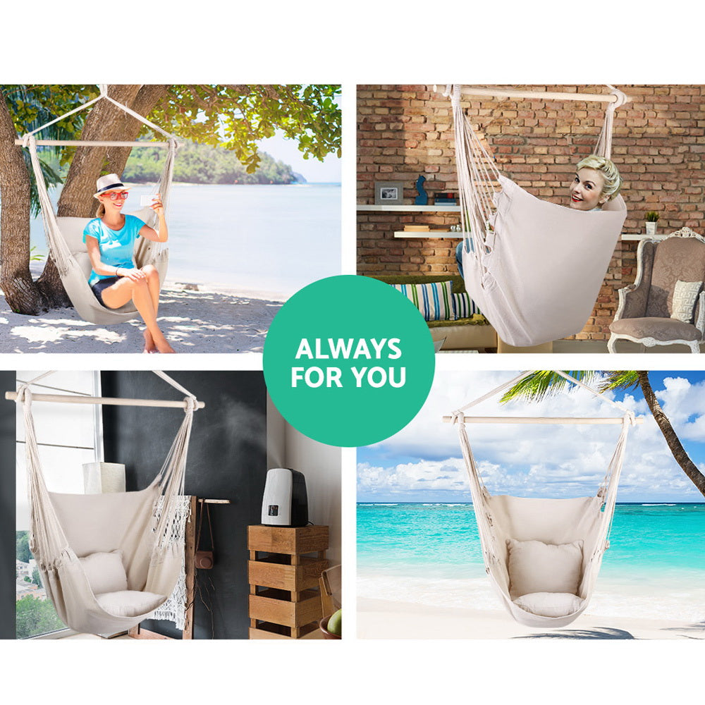 Hammocks & Accessories: Gardeon Hammock Chair Outdoor Camping Hanging Hammocks Cushion Pillow Cream
