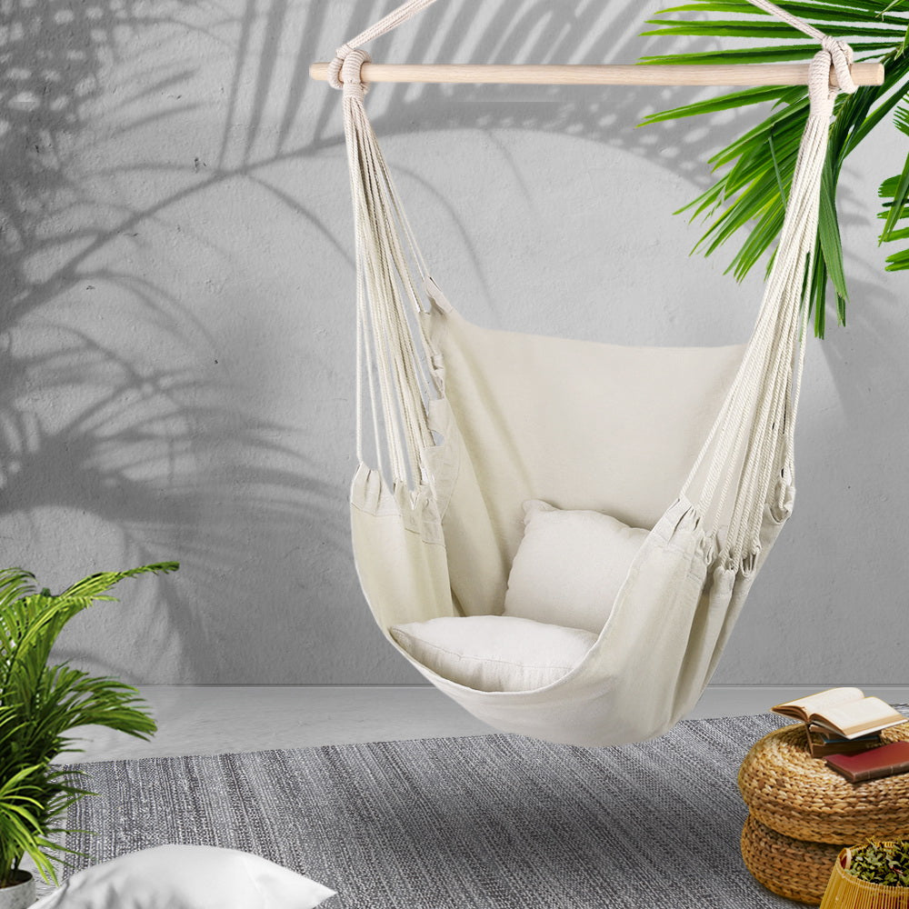 Hammocks & Accessories: Gardeon Hammock Chair Outdoor Camping Hanging Hammocks Cushion Pillow Cream