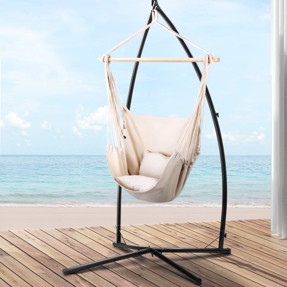 Outdoor Chairs: Gardeon Hammock Chair Outdoor Camping Hanging with Steel Stand Cream