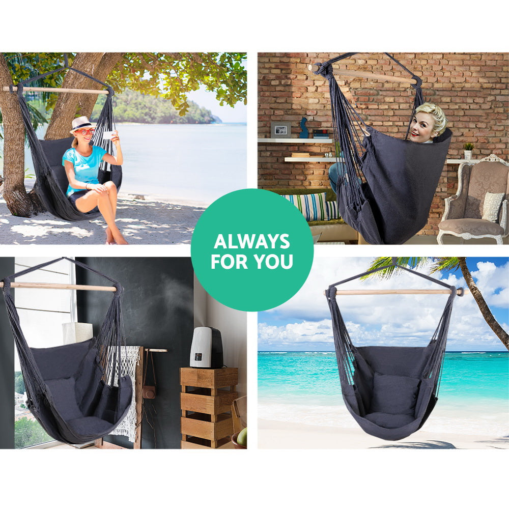 Hammocks & Accessories: Gardeon Hammock Chair Outdoor Camping Hanging Hammocks Cushion Pillow Grey