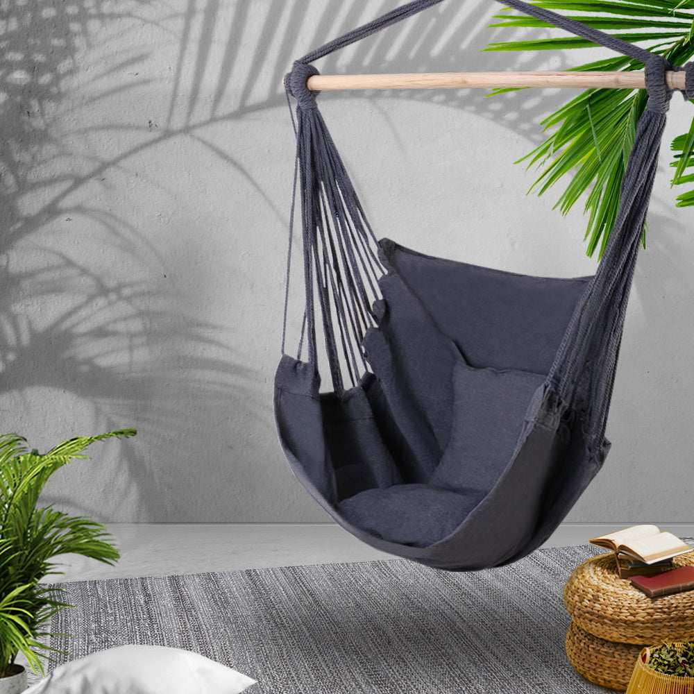 Hammocks & Accessories: Gardeon Hammock Chair Outdoor Camping Hanging Hammocks Cushion Pillow Grey