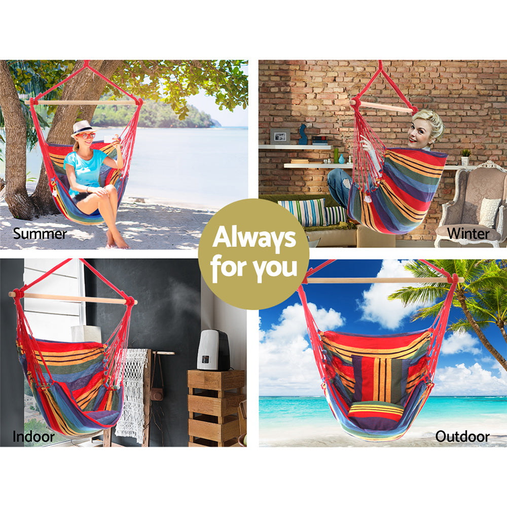 Hammocks & Accessories: Gardeon Hammock Chair Outdoor Camping Hanging Hammocks Cushion Pillow Rainbow